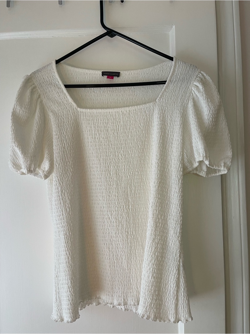 Vince Camuto White Textured Square Neck Puff Sleeve Top
